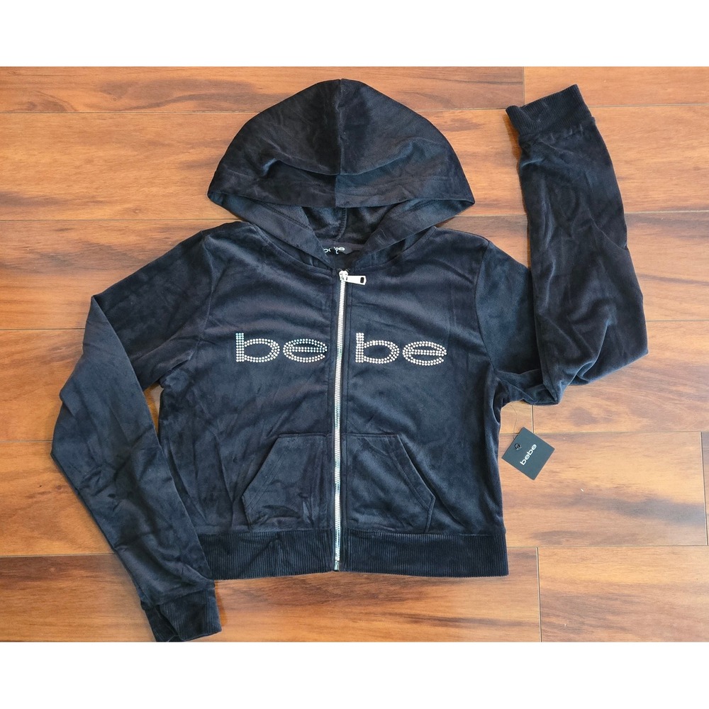 BEBE Bling Velour Rhinestone Logo Track Hoodie Jacket Size XL New With Tags Y2K